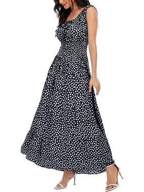 Women's Black Boho Floral Maxi Summer Flowy Tiered Casual Long Dress